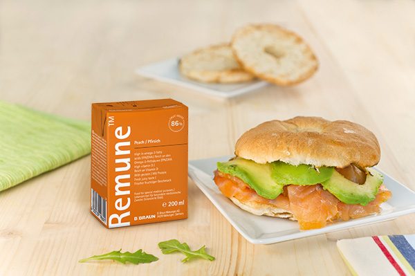 remune peach and bagel with salmon and avocado